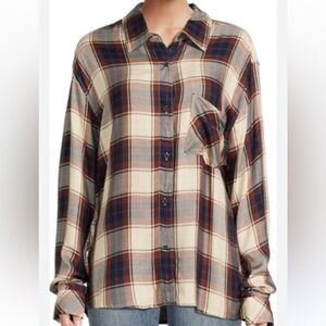 WEWOREWHAT Women's Boyfriend Shirt‎ Ecru Multi Plaid Size S/M New with Tags